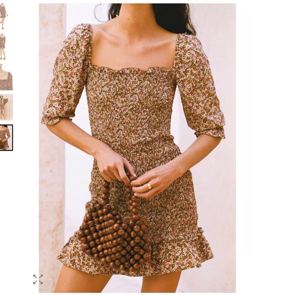 FAITHFULL THE BRAND pink and brown floral dress, off-shoulder sleeves, size 4 - Picture 1 of 4